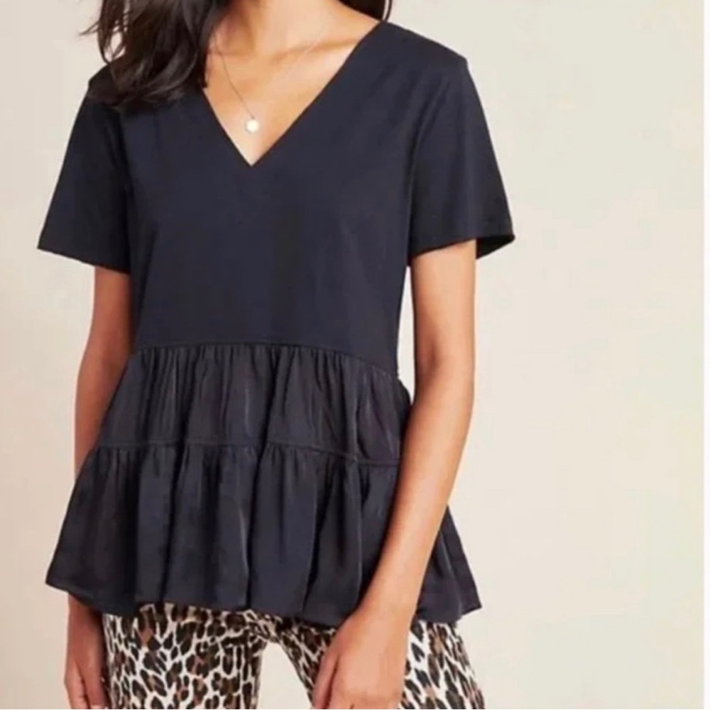 Anthropologie Maeve Louisa Navy V Neck Tiered Top; Size XS - Picture 2 of 6